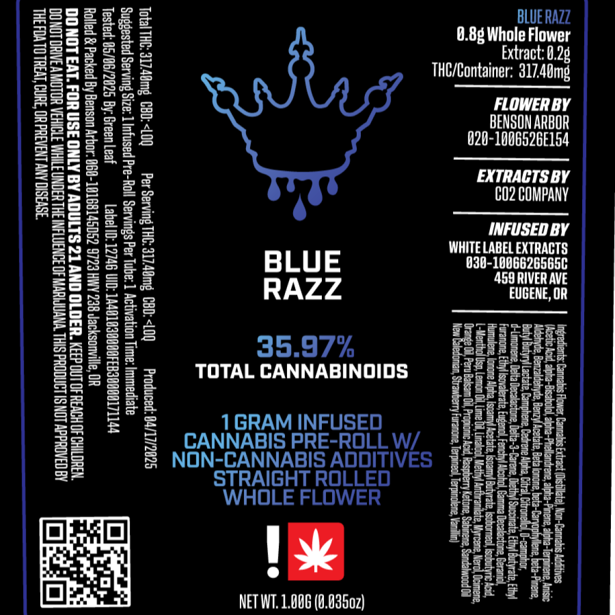 Photograph of product: Benson Arbor | 1 Gram Flavored Infused Pre-Roll | Blue Razz