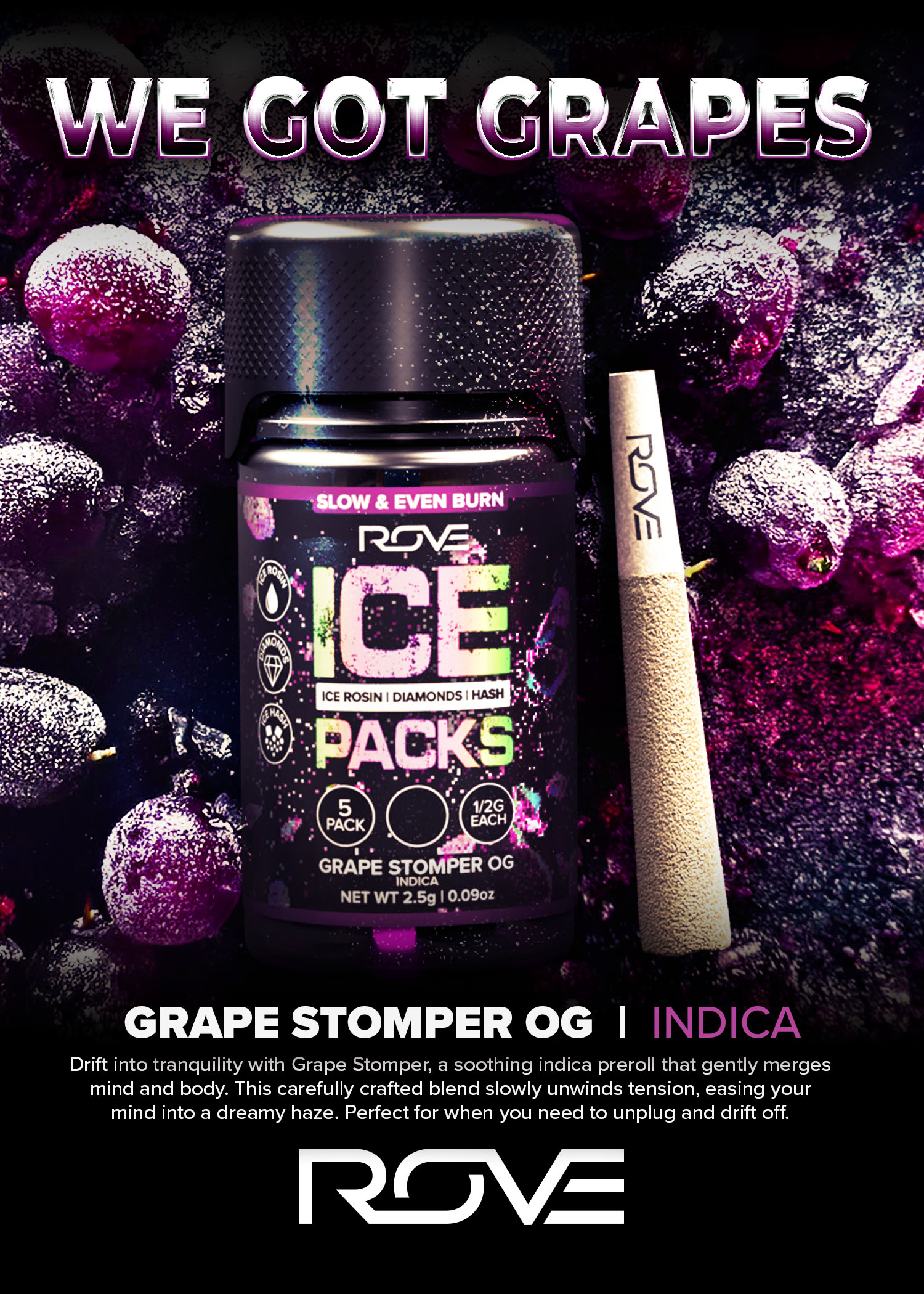 Photograph of product: Rove - Ice Packs Rosin Infused Pre-Rolls Grape Stomper OG 5pk - 2.5g
