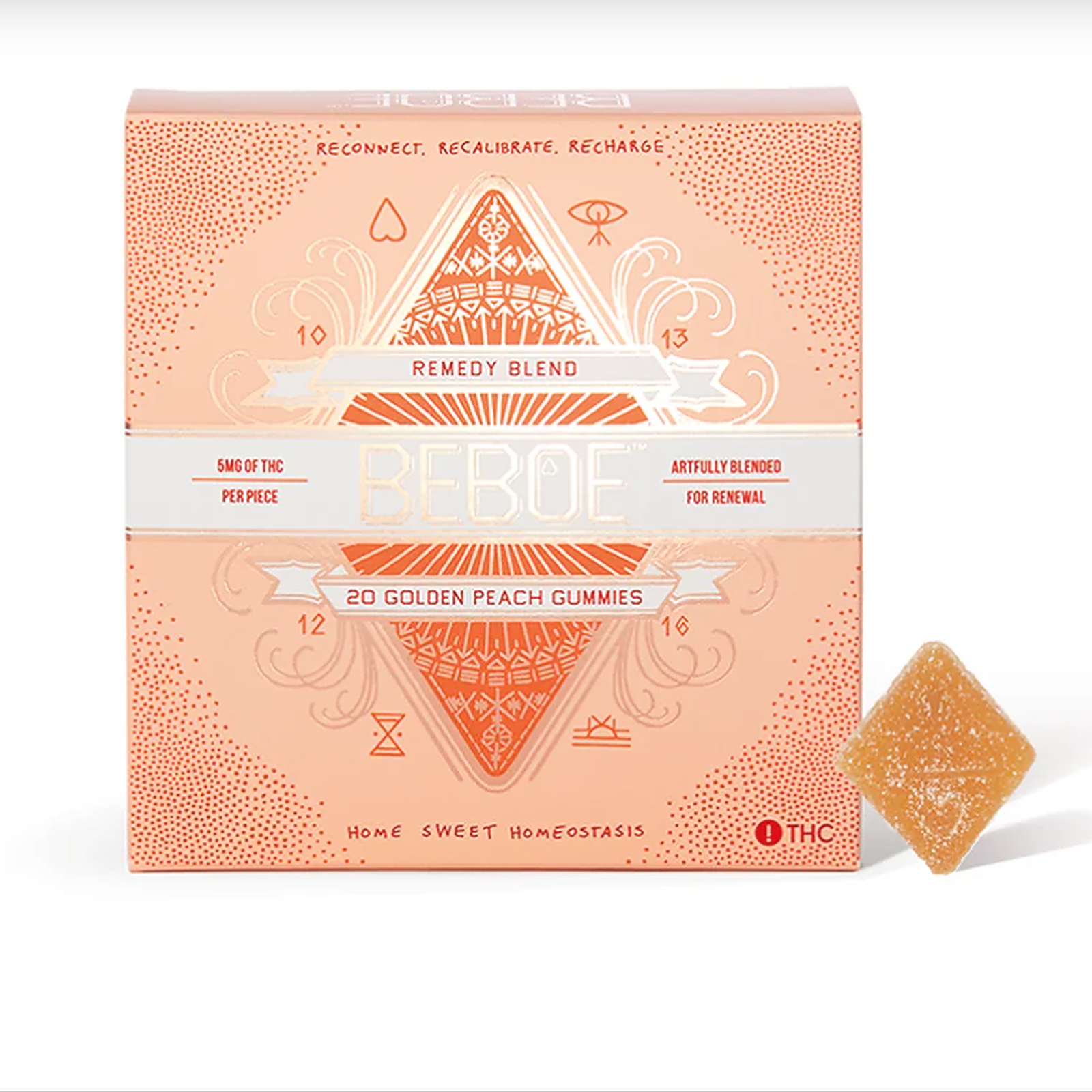 Photograph of product: Beboe Remedy Golden Peach 2:1 (CBD, TH-oui) Gummies 20Pk - Hybrid