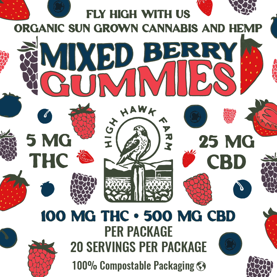 Photograph of product: High Hawk Farm | Mixed Berry 5:1 CBD/TH-oui Gummies | 20 pack 100mg TH-oui 500mg CBD