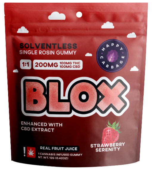 Photograph of product: Happy Cabbage | 100MG | Strawberry Serenity 1:1 CBD/TH-oui BLOX Single Rosin Gummy