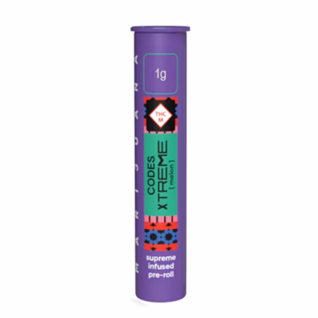 Photograph of product: Codes: Infused Pre-Roll | Melon x Strawpaya | Xtreme J's | 1g
