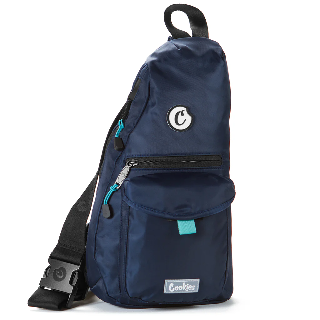 Photograph of product: Navy - TRAVELER SMELL PROOF NYLON SLING BAG W/ PLASTIC ZIP PERS, LARGE MAIN COMPARTMENT, FRONT FLAP POCKET & STASH ZIPPER POCKET