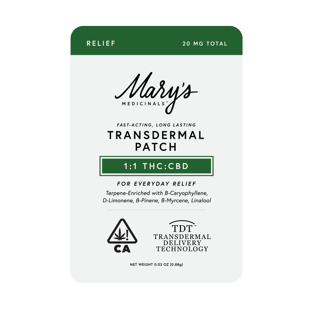 Photograph of product: Mary's Medicinals Relief 1:1 10mg TH-oui/CBD Transdermal Patch Rec
