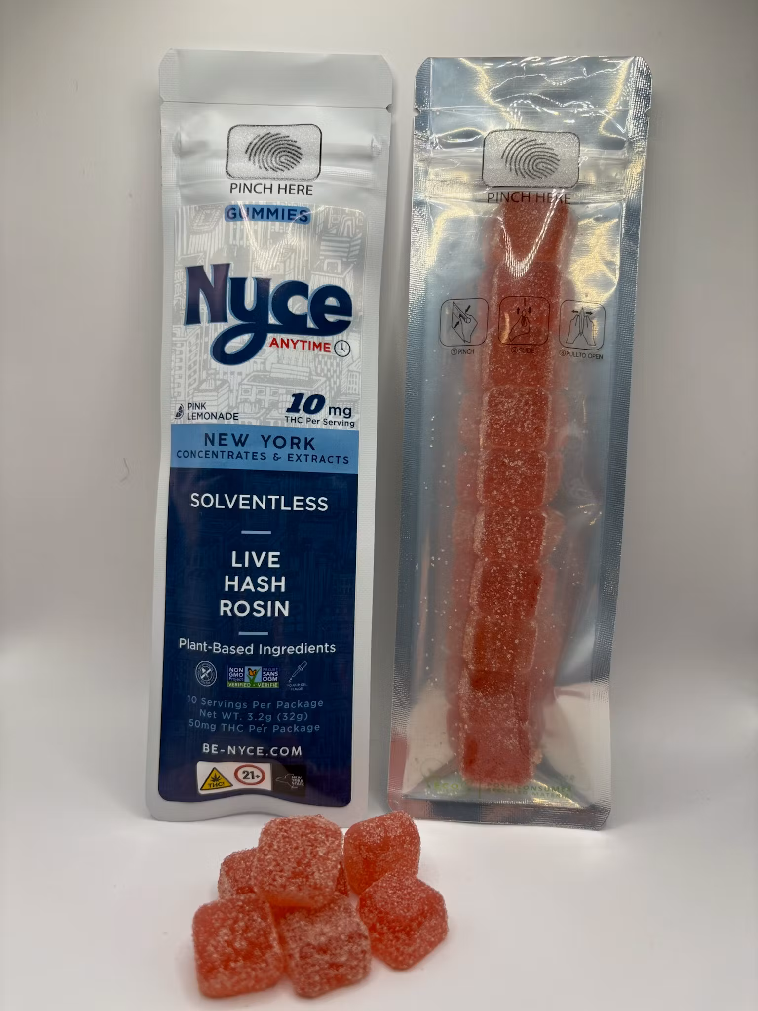 Photograph of product: Nyce "Anytime" Solventless Live au chocolat Rosin Gummies 100mg 10pk (10mg each) Pink Lemonade