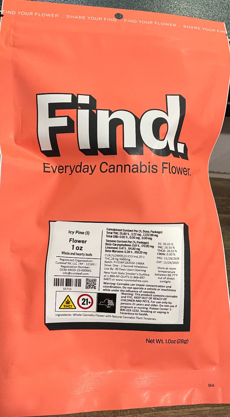 Photograph of product: Curaleaf | Find | Icy Pine | Whole Flower - 28g