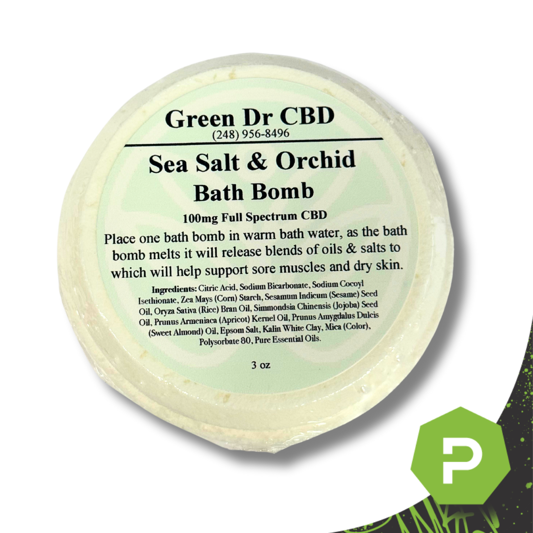 Photograph of Product: Green DR | 100mg CBD Bath Bomb | Sea Salt & Orchid