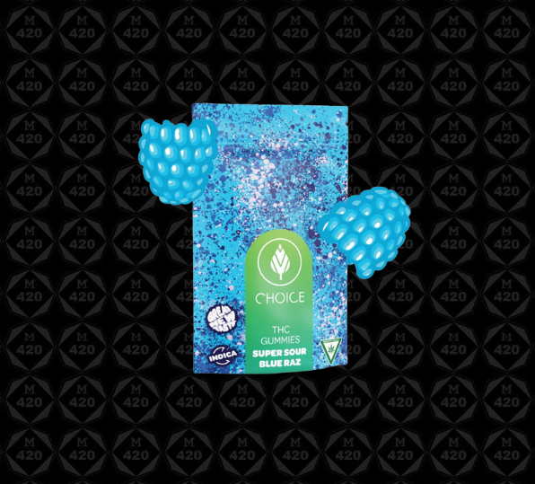 Photograph of product: 100mg Super Sour Blue Raz Oui'd Gummies - Choice Chews