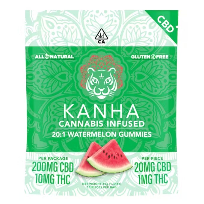 Photograph of product: 20:1 CBD:TH-oui | Watermelon | 200mg CBD/10mg TH-oui | 10-pack
