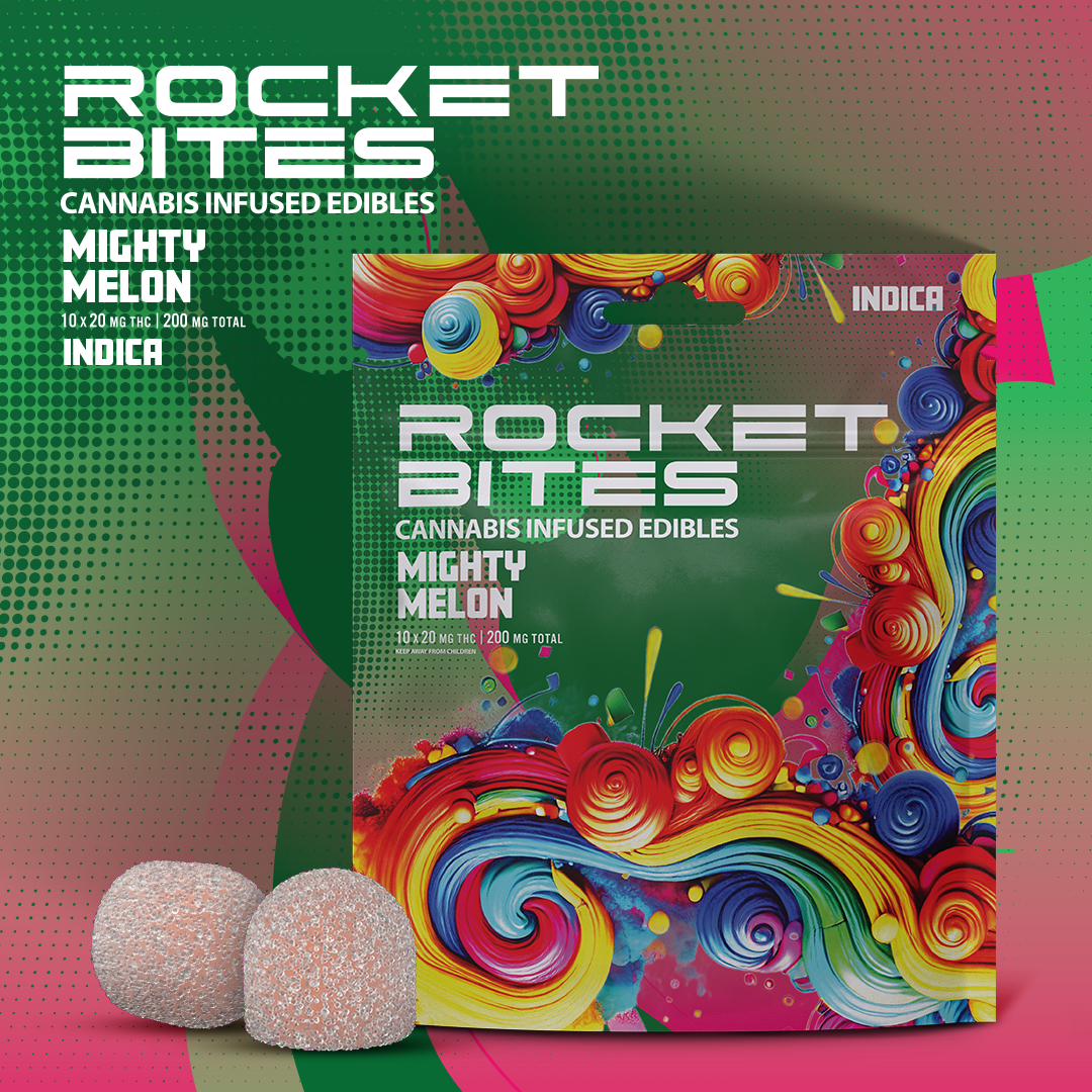 Photograph of product: Rocket Bites - 200MG Gummies - Mighty Melon