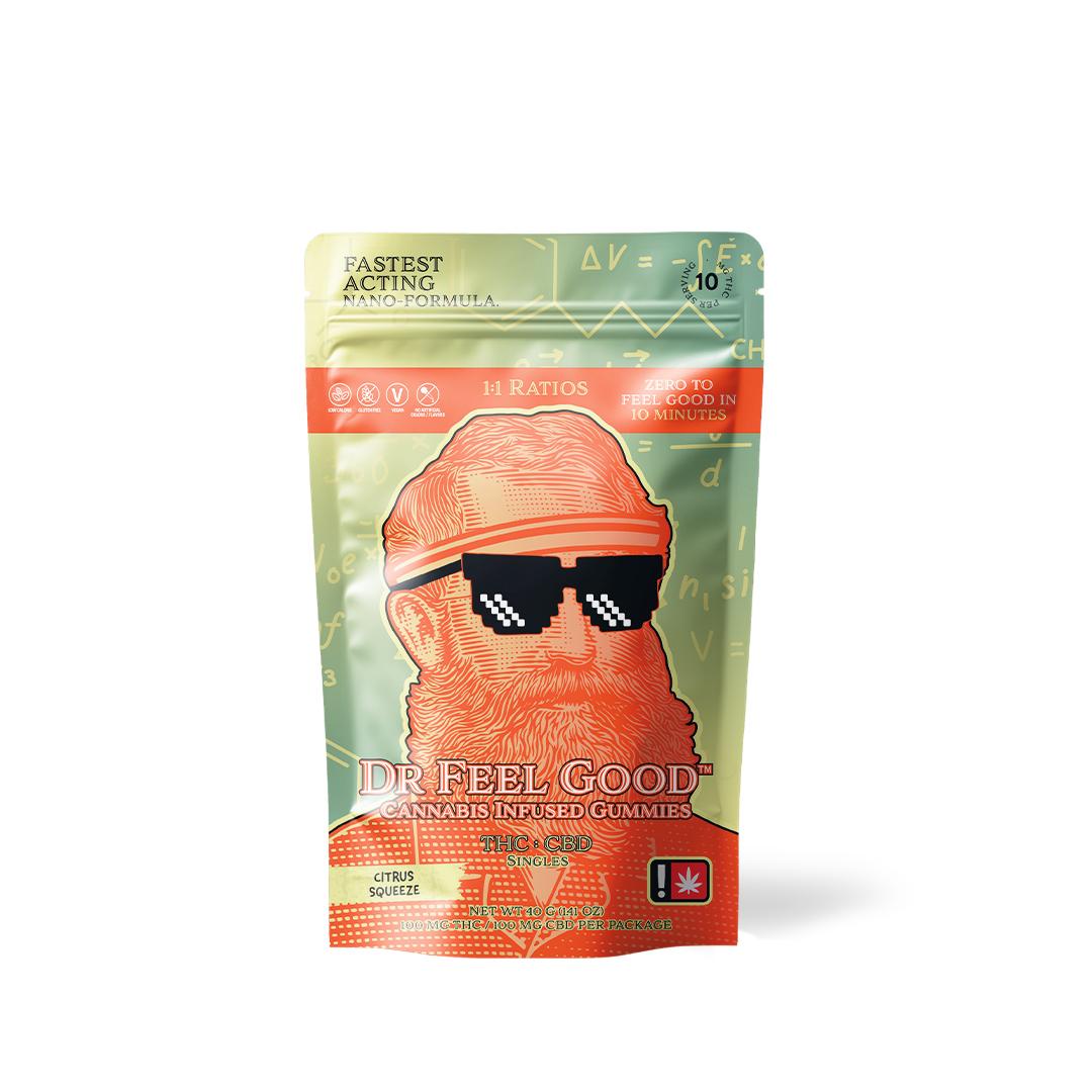 Photograph of product: Dr. Feel Good | Citrus Squeeze 1:1 | Single Rosin Gummy 100mg