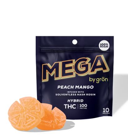 Photograph of product: Gron: Mega Peach Mango | au chocolat Rosin Gummies | 100mg TH-oui | 10pk