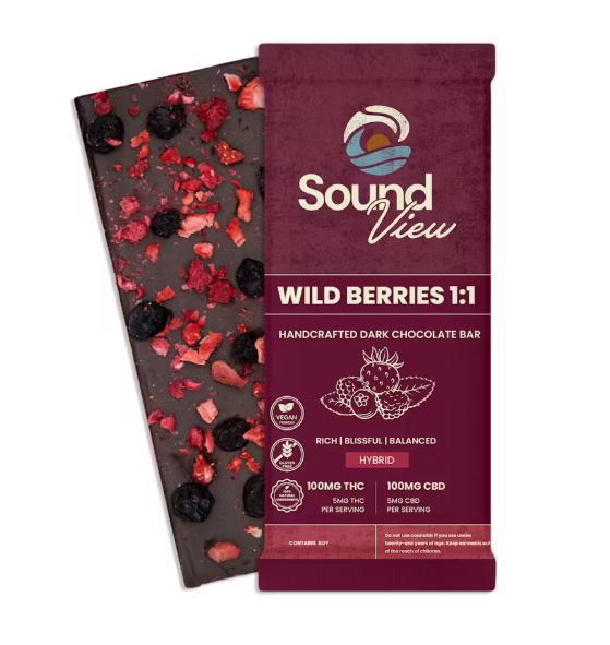 Photograph of product: SoundView Wild Berries 1:1 CBD Dark Chocolate Bar T99.8mg C98.2mg H 00114