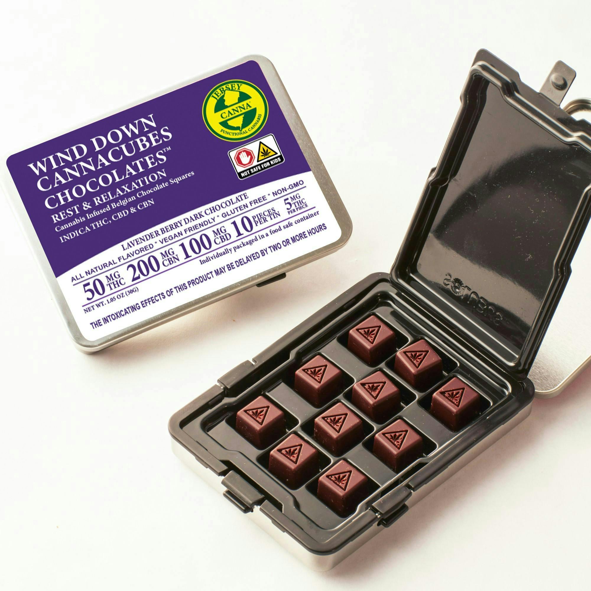 Photograph of product: Wind Down Cannacubes | Belgian Dark Chocolate Tin