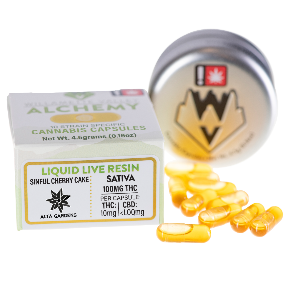 Photograph of product: Willamette Valley Alchemy - Liquid Live Resin Capsules - Sinful Cherry Cake (10 pack)