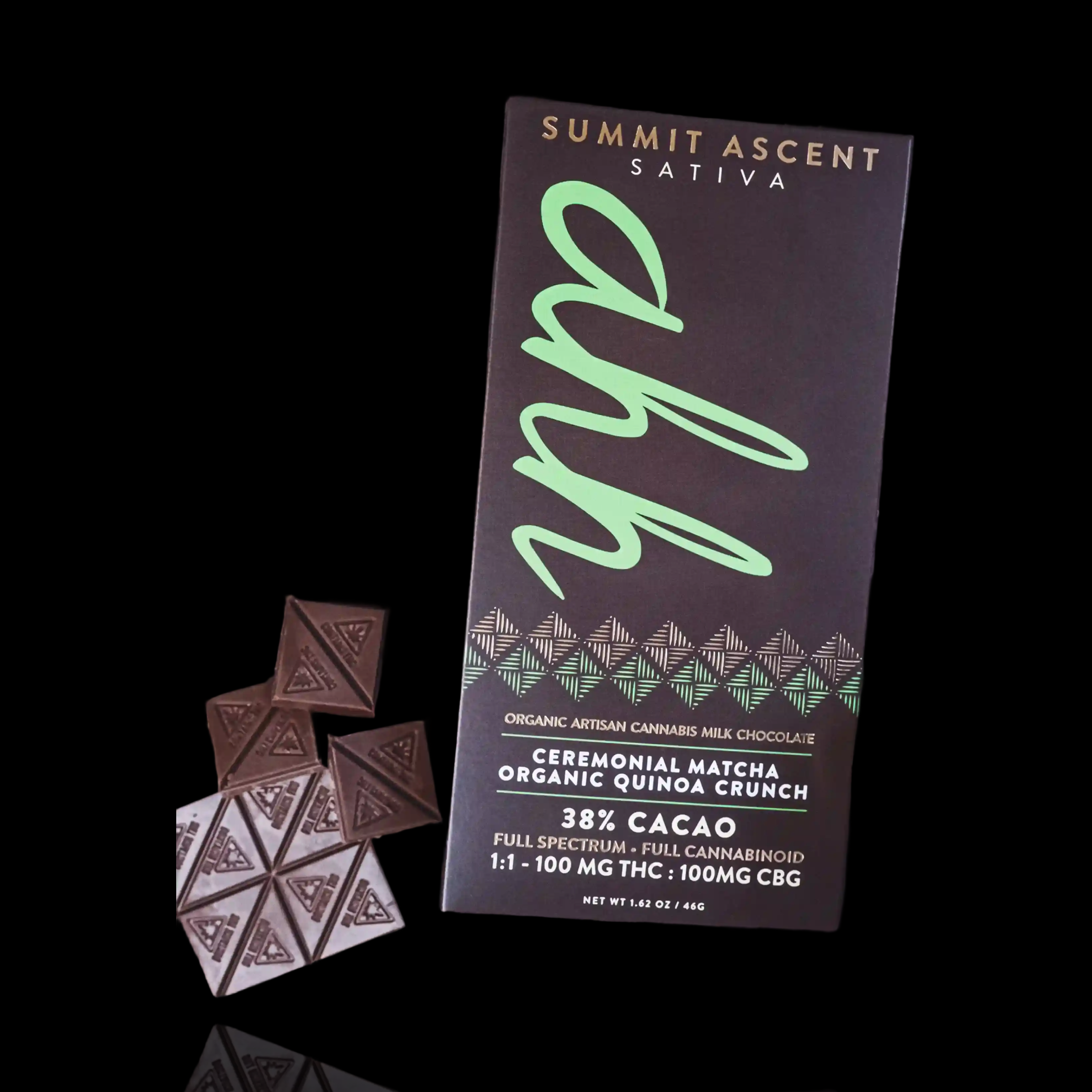 Photograph of product: Matcha Crunch Ascent 1:1 CBG:TH-oui RSO Milk Chocolate Bar by Ahh