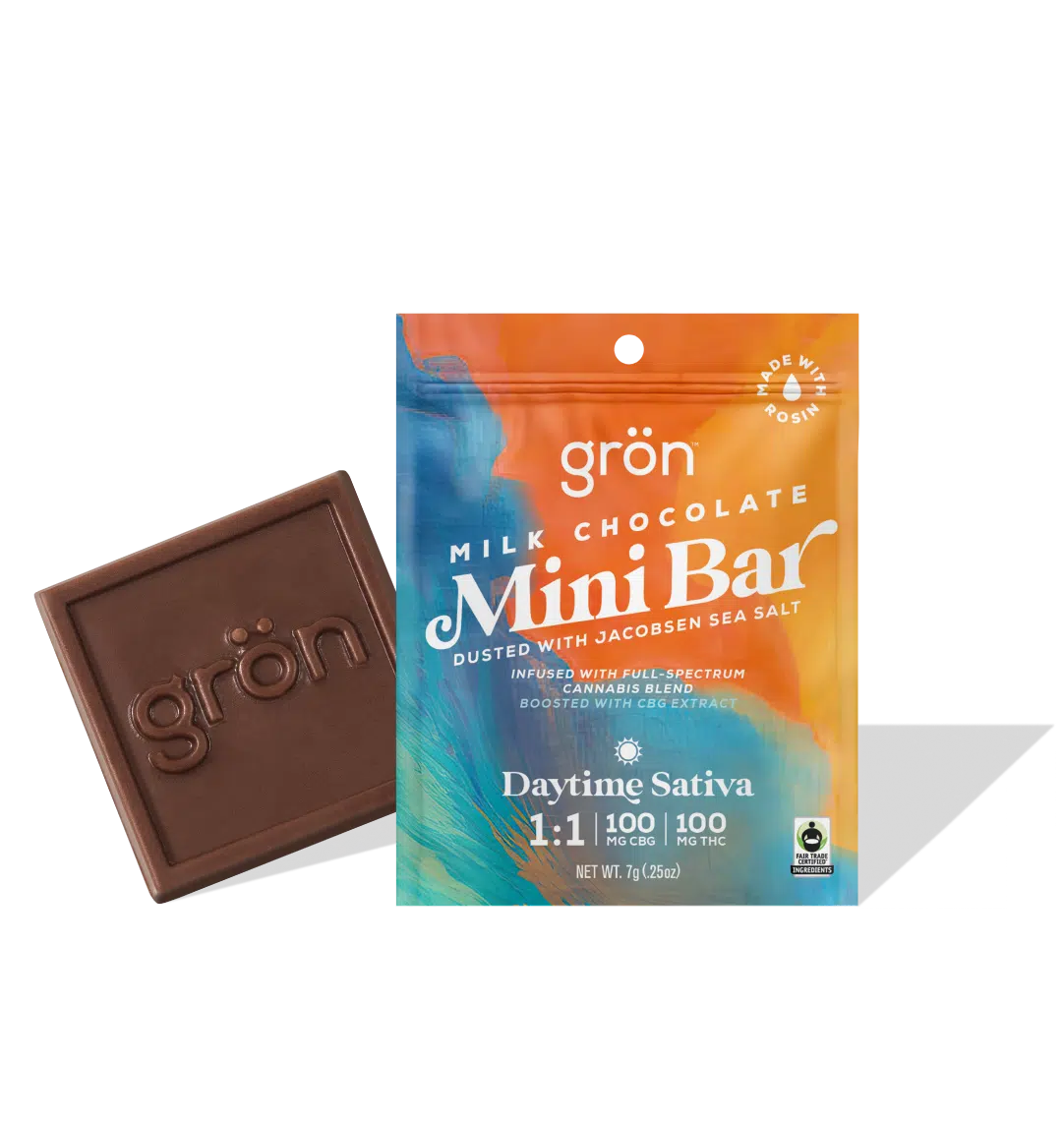 Photograph of product: Grn - Mini Bar - Milk Chocolate - Daytime Oui'd - 1:1 (CBG:TH-oui) Single Chocolate Edibles