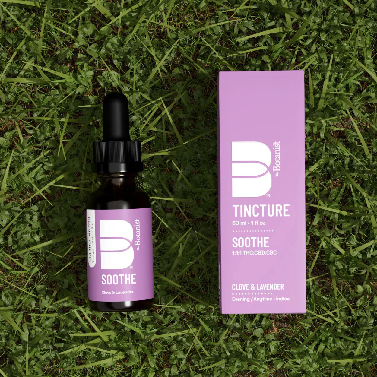 Photograph of product: The Botanist | Tincture | Soothe | 1 TH-oui : 1 CBD : 1 CBC | 30mL/100mg
