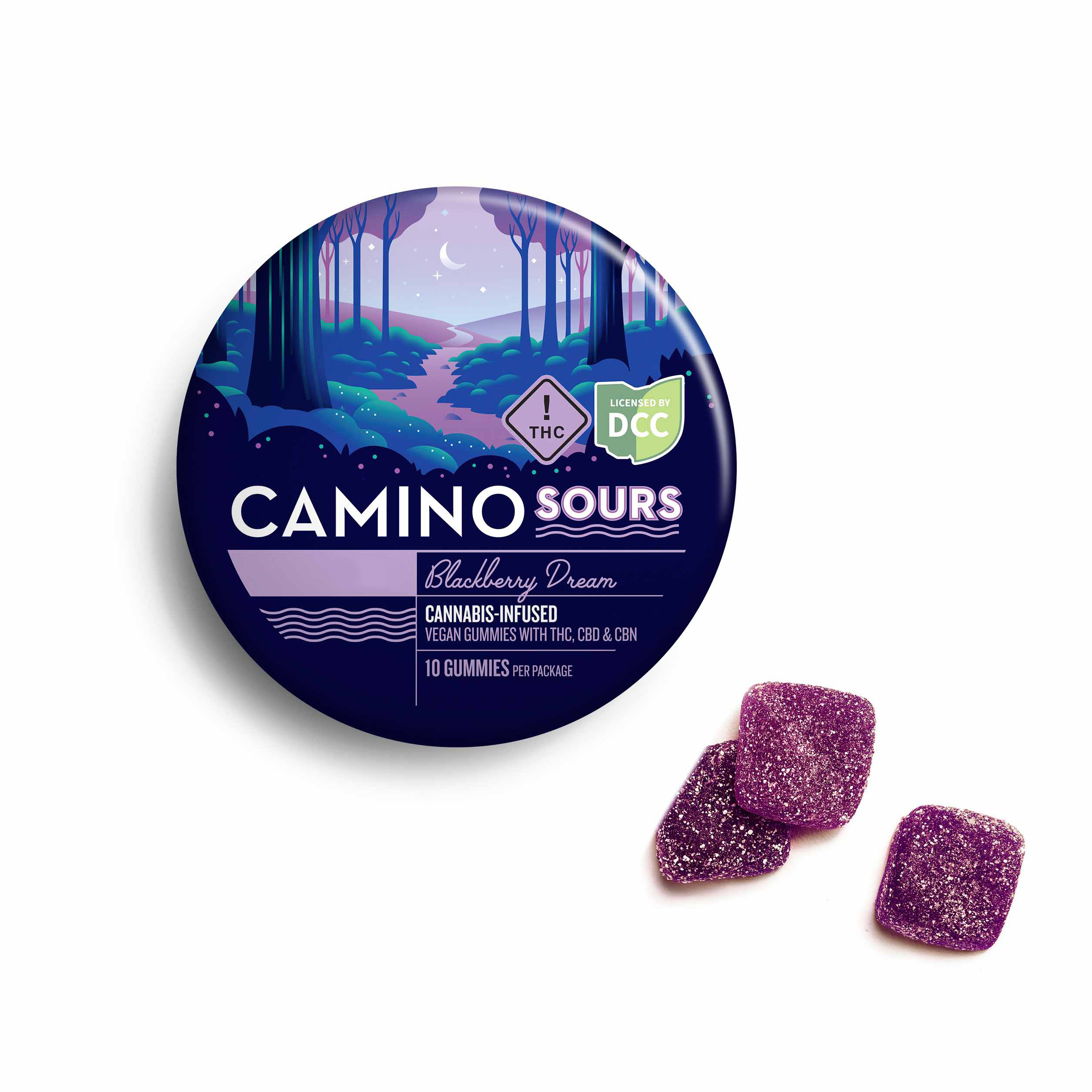 Photograph of product: Camino/Kiva | Blackberry Sours 1:1:1 TH-oui:CBD:CBN 10pcs | 100mg Gummies