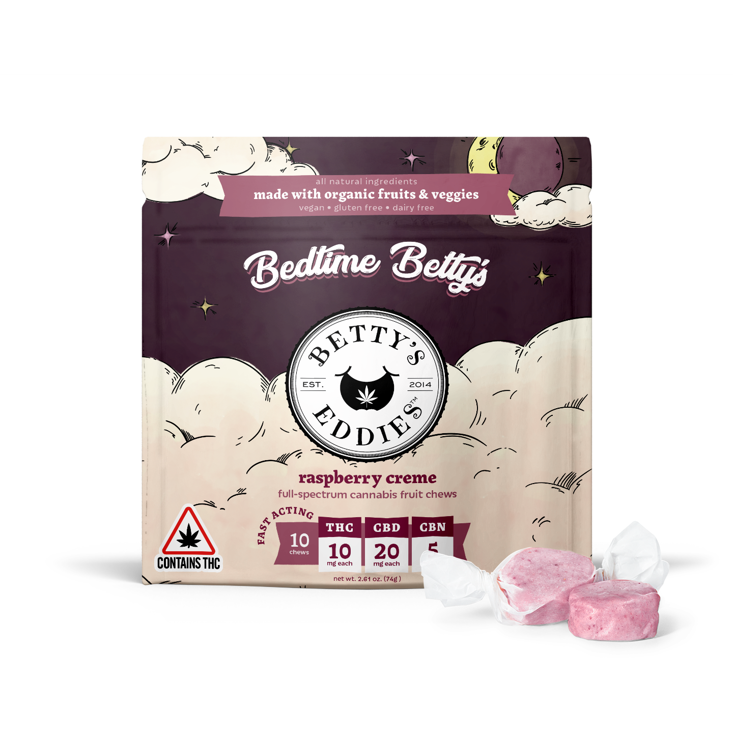 Photograph of product: Bedtime Betty's - Raspberry Creme Chews - 100mg/10pk