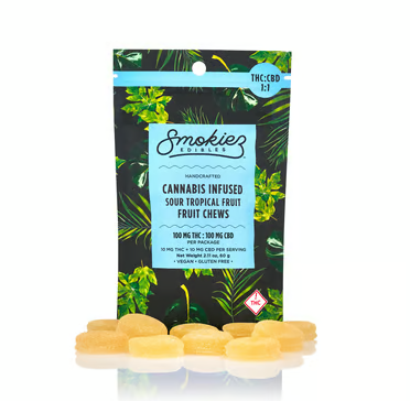 Photograph of product: Sour Tropical | Fruit Chews | 1thc : 1cbd | 10pk | 200mg