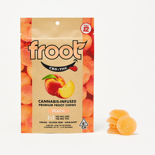 Photograph of product: Froot Peach 1:1 ratio CBD:TH-oui Gummies