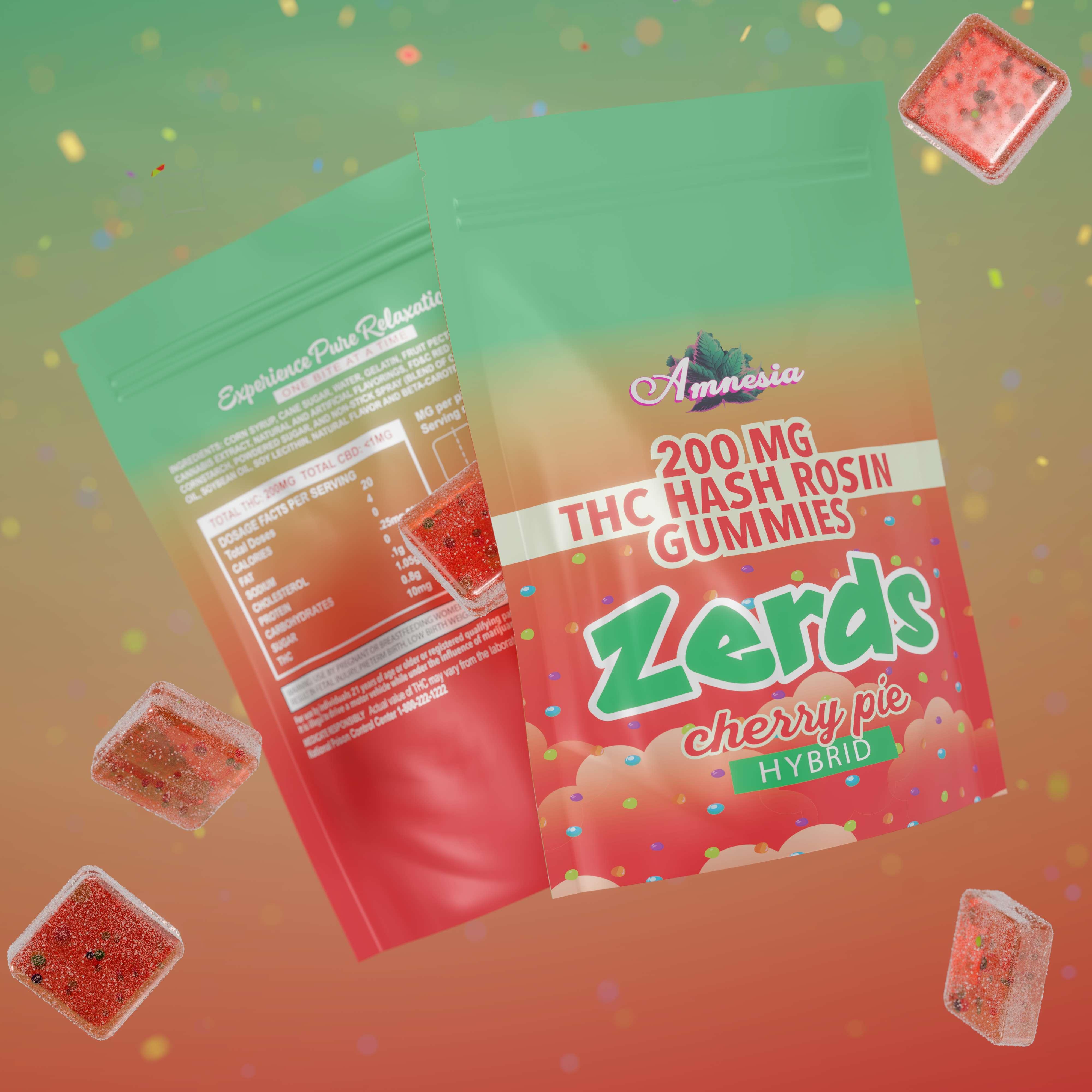 Photograph of product: Amnesia - 200mg Zerds au chocolat Rosin Gummies - Cherry Pie