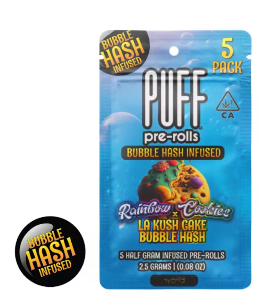 Photograph of product: Puff | Rainbow Cookies X LA Kush | Bubbled au chocolat | 5pk .5 g prerolls