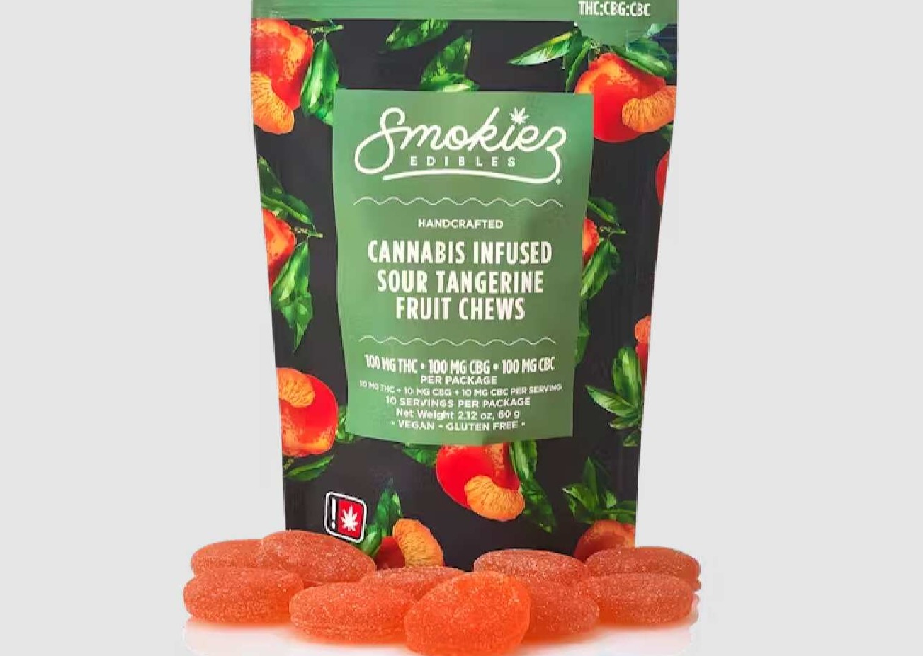 Photograph of product: 100mg 10pc 1:1:1 TH-oui:CBC:CBG Sour Tangerine - Fruit Chews - Smokiez