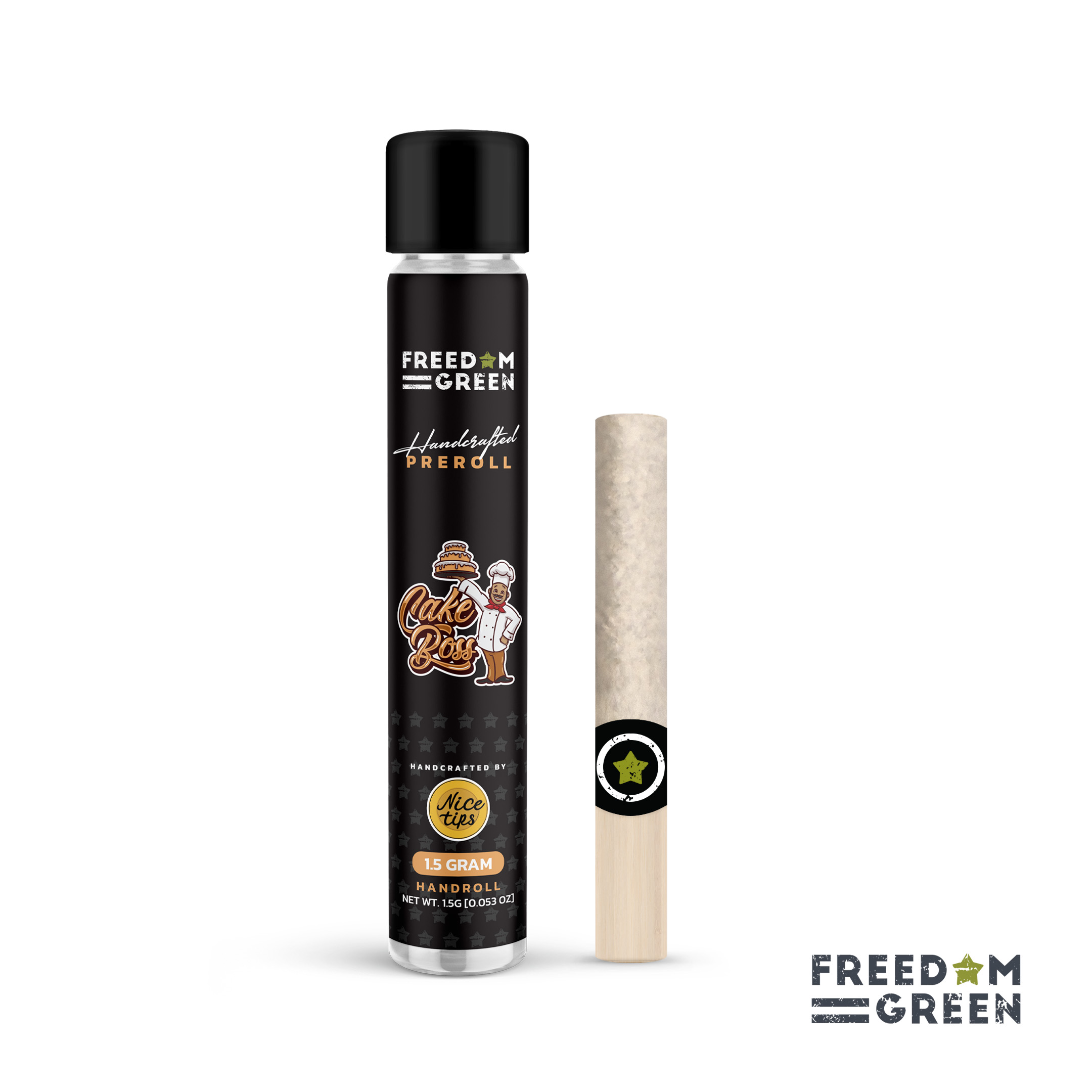 Photograph of product: Freedom Green - Hand Rolls - Cake Boss - 1.5g Pre Roll