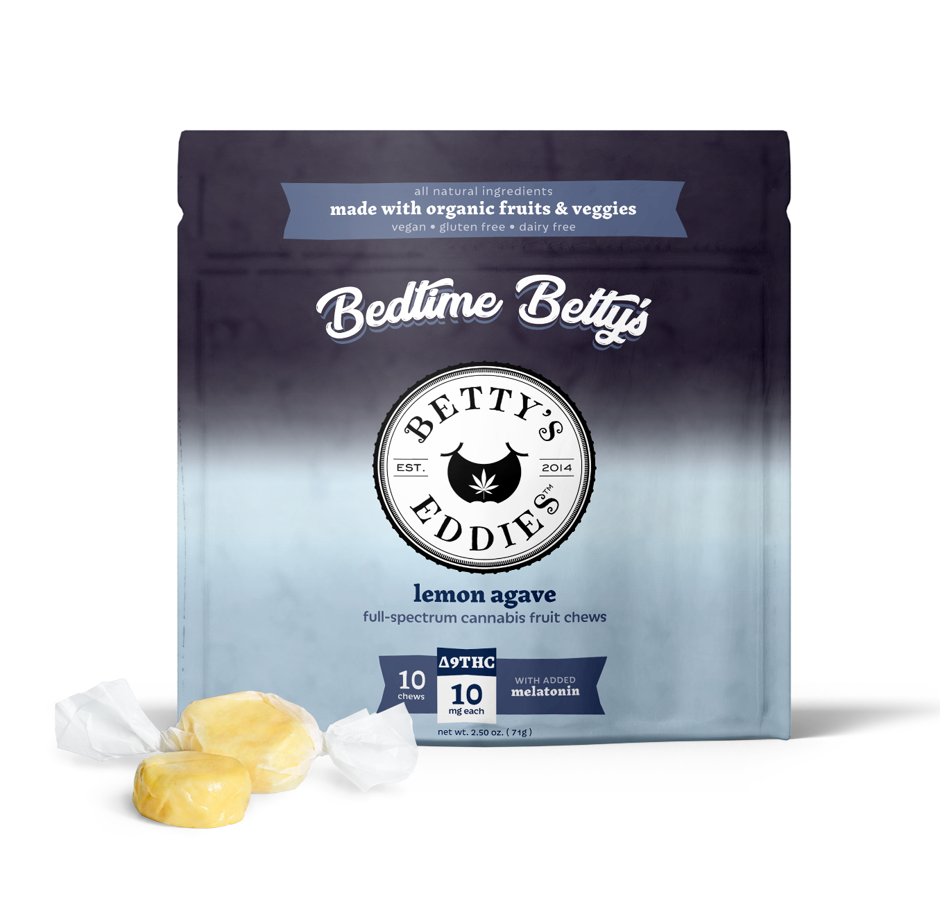 Photograph of product: Betty's Eddies | Bedtime Lemon Agave with 2mg Melatonin Taffies 10pk | 100mg