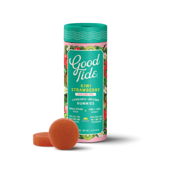 Photograph of product: Good Tide Kiwi Strawberry Gummies 1:1:1 (THC:CBD:CBG) 100mg