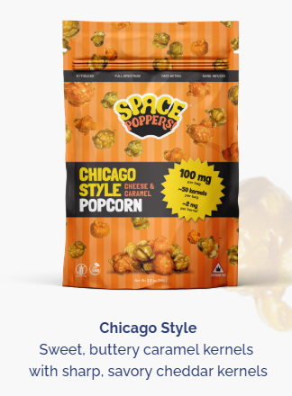 Photograph of product: SPACE POPPERS - Chicago Style (Cheese & Caramel) 1:1 TH-oui:CBD - 100mg