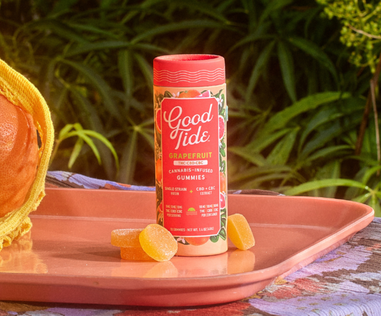 Photograph of product: Good Tide | Edibles | Grapefruit | Oui'd | 1:1:1 TH-oui:CBD:CBC | 10pk | 100mg