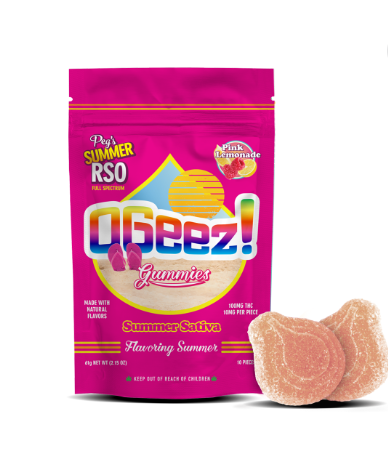 Photograph of product: Ogeez! Peg's Summer Edition RSO Pink Lemonade Gummies 100mg 10pk