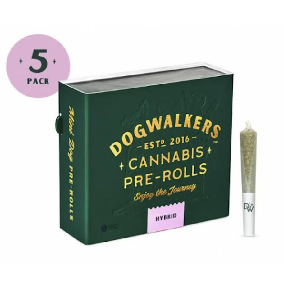 Photograph of product: Dogwalkers. | Jet Fuel OG (H) | 0.35g x 5ct Pre-Roll Pack