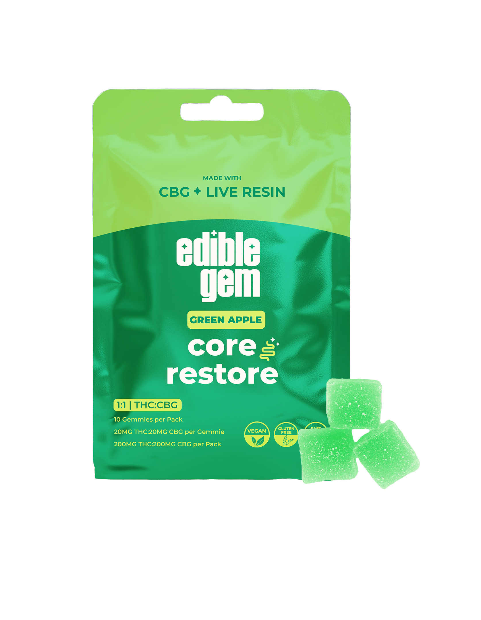 Photograph of product: Core Restore 1:1 CBG - Live Resin Gummies - Green Apple