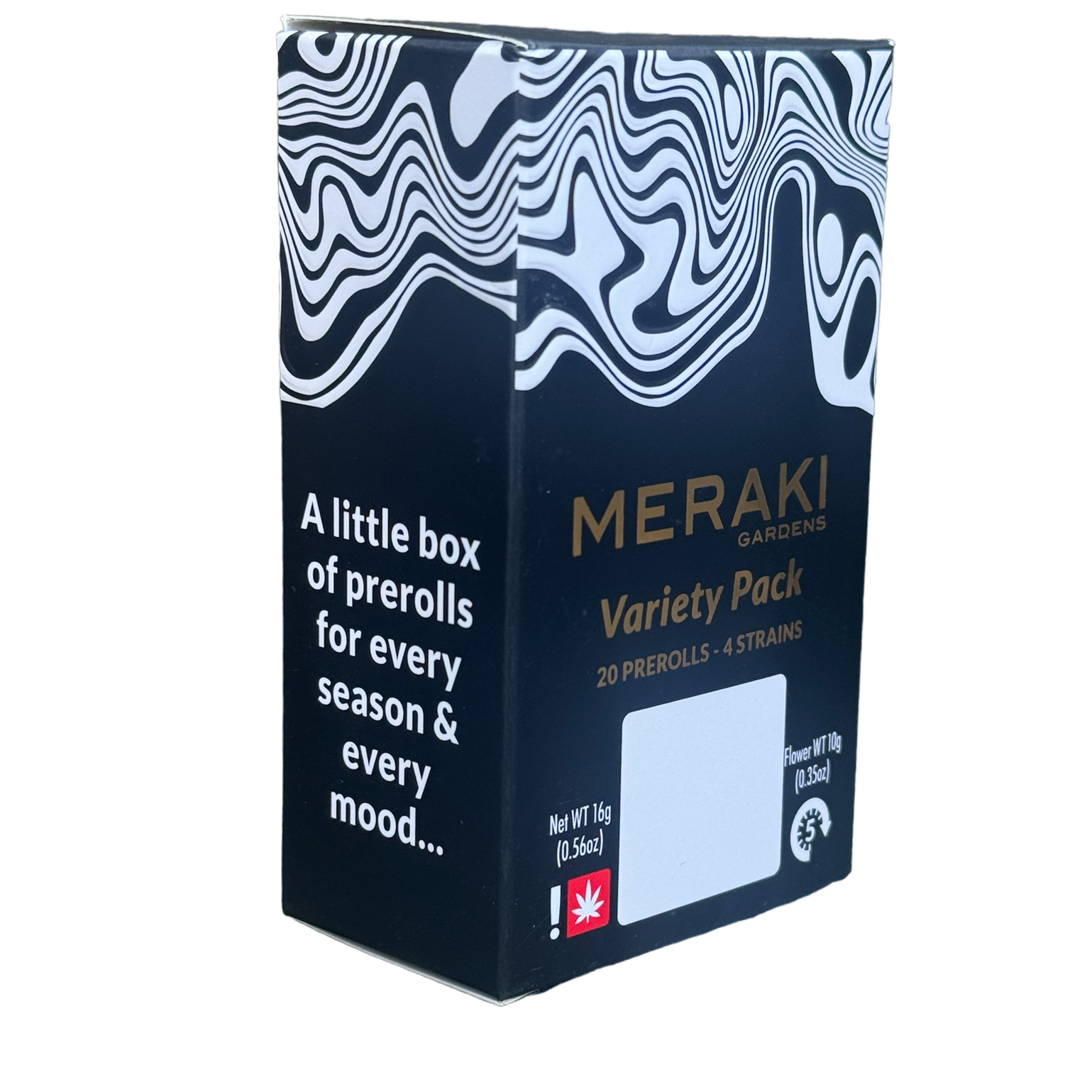 Photograph of product: Meraki > Pre Roll 20Pk x 0.5g > Variety > Hot Mint Sundae (I) / MAC (S) / Spritzer (H) / Wedding Band (H)