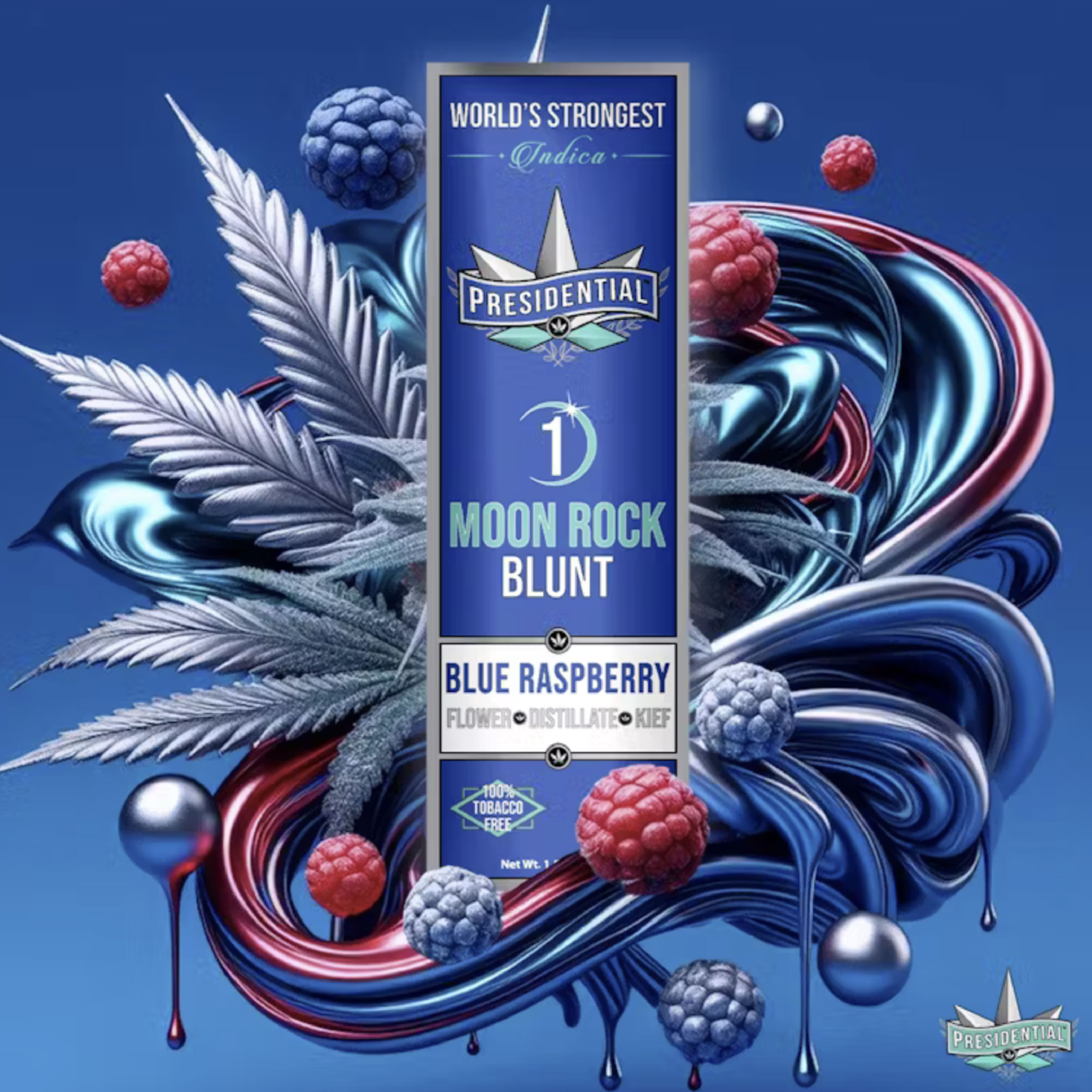 Photograph of product: Presidential | Blunt | Moonrock Infused | Blue Raspberry | 1.5g | Oui'd |  33.70% TH-oui