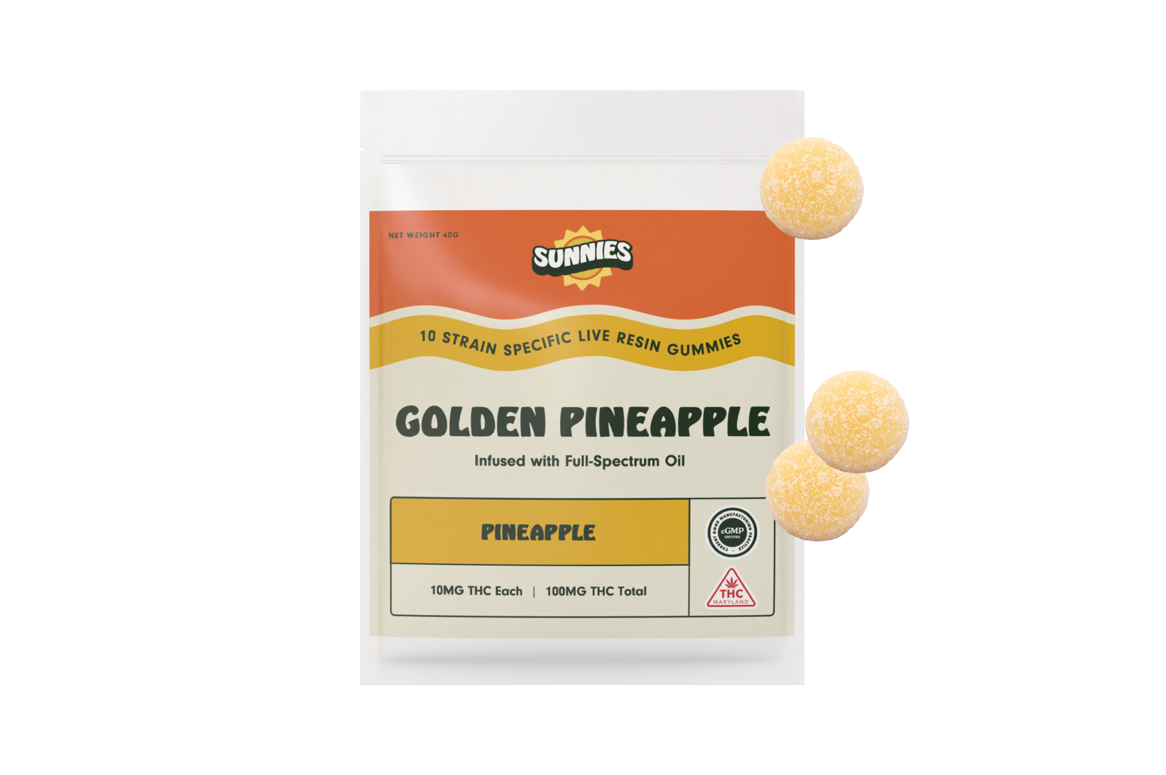 Photograph of Product: Sunnies Live Resin Gummies: Golden Pineapple I Pineapple 10mg