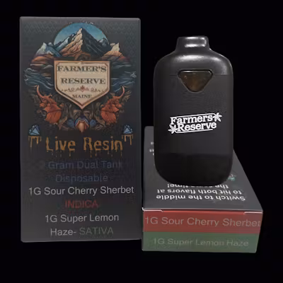 Photograph of product: Farmers Reserve Live Resin Dual Tank Disposable Cart. Sour Cherry x Super Lemon Haze 2 G