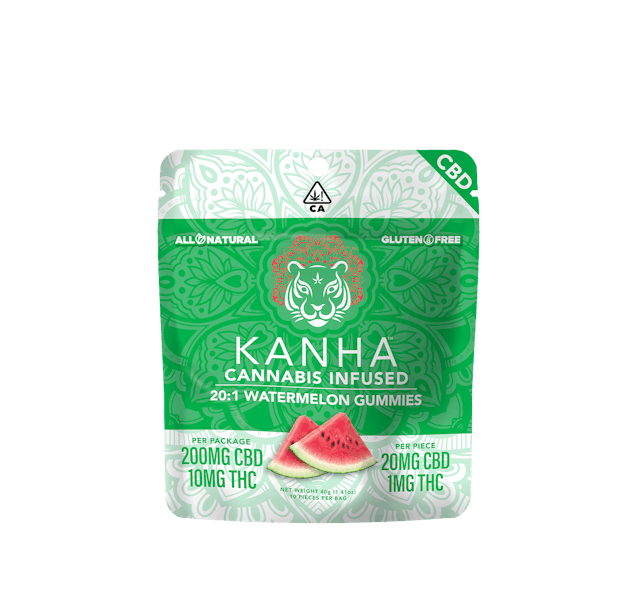 Photograph of product: 20:1 CBD:THC | Watermelon | 200mg CBD/10mg THC | 10-pack