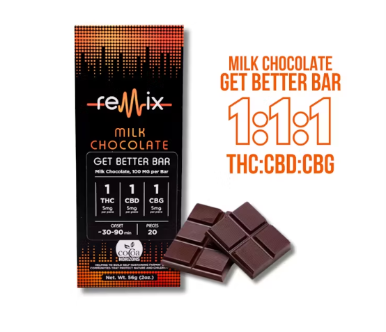 Photograph of product: Remix Milk Chocolate 1:1:1 TH-oui:CBD:CBG Bar 25mg 20pk