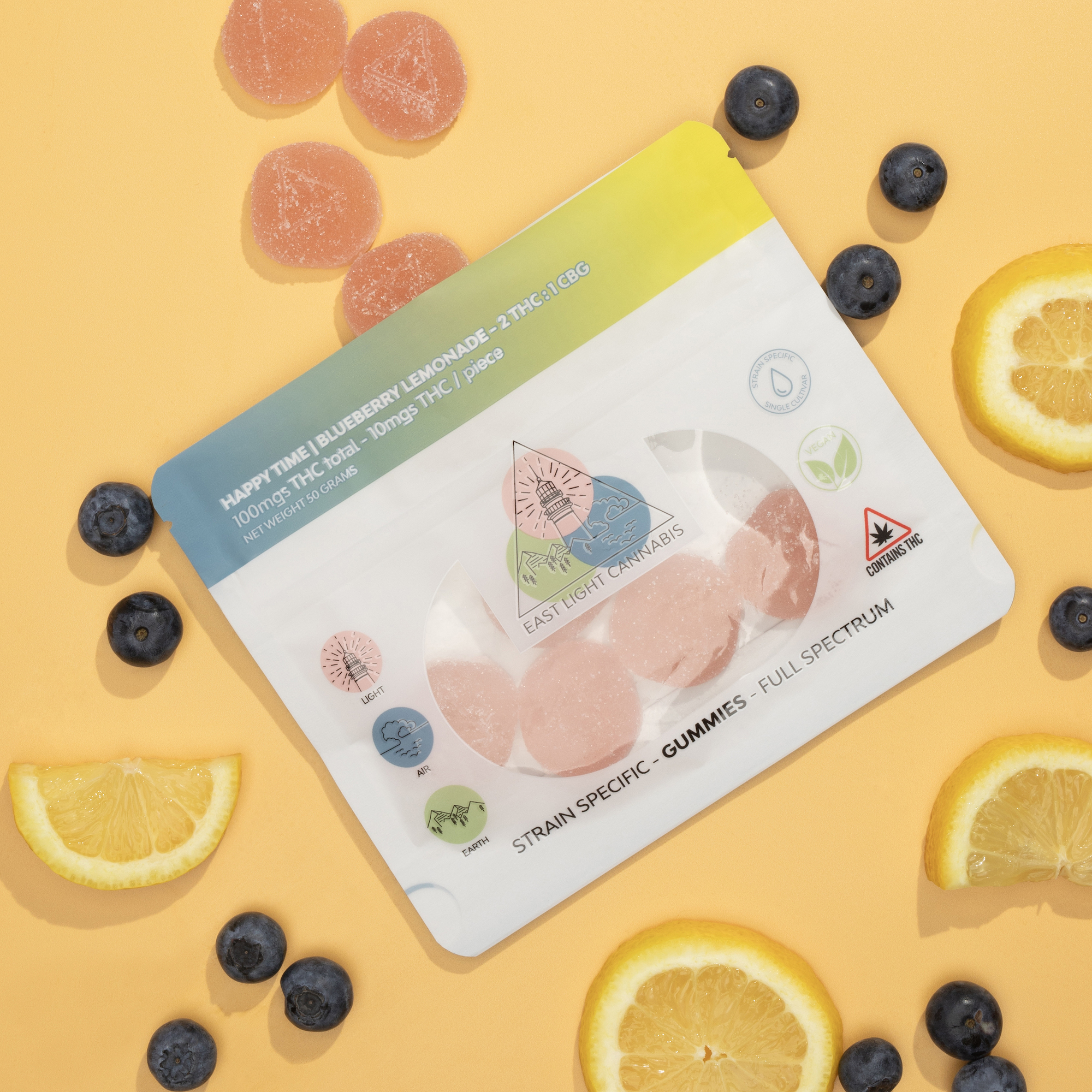 Photograph of product: East Light Oui'd - Happy Time - Blueberry Lemonade - Gummy - 100mgTH-oui/50mgCBG (10pk)
