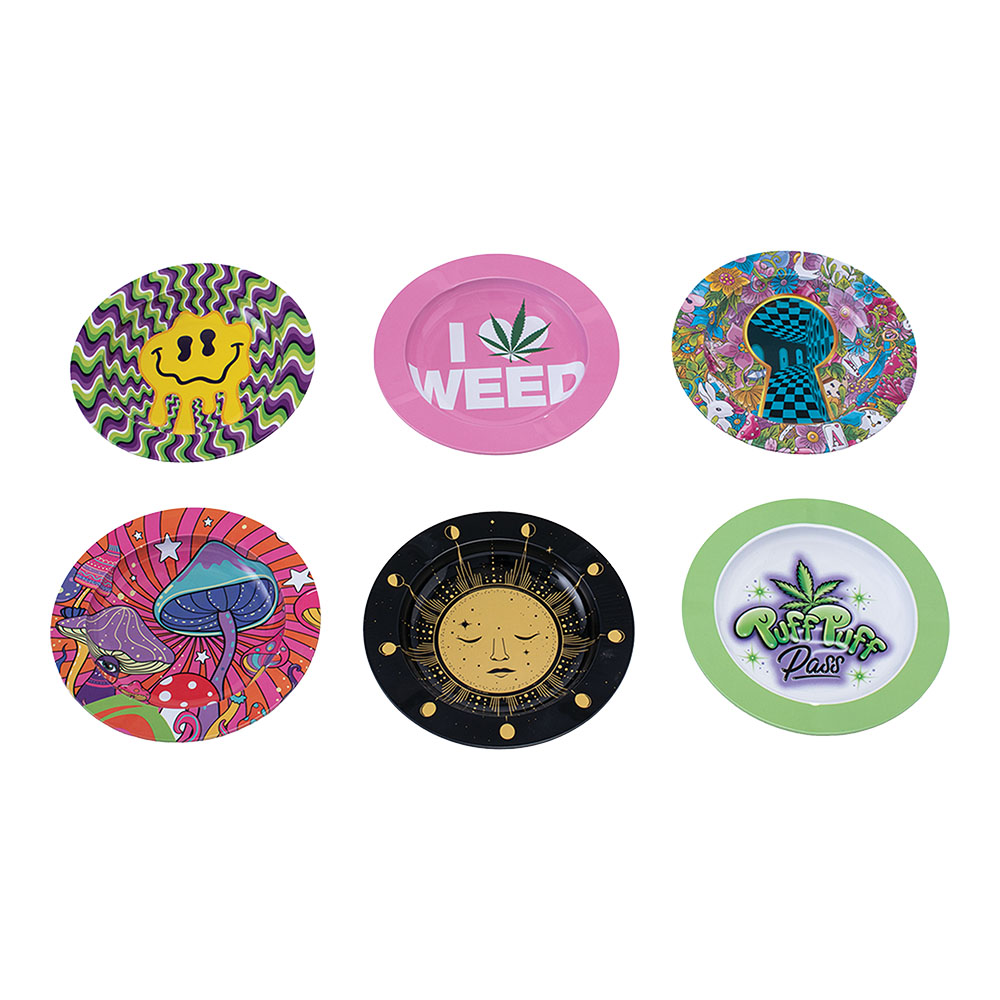 Photograph of product: Fujima Dazed Round Metal Ashtray | 5.4" | Assorted Designs (TAX INCLUDED)