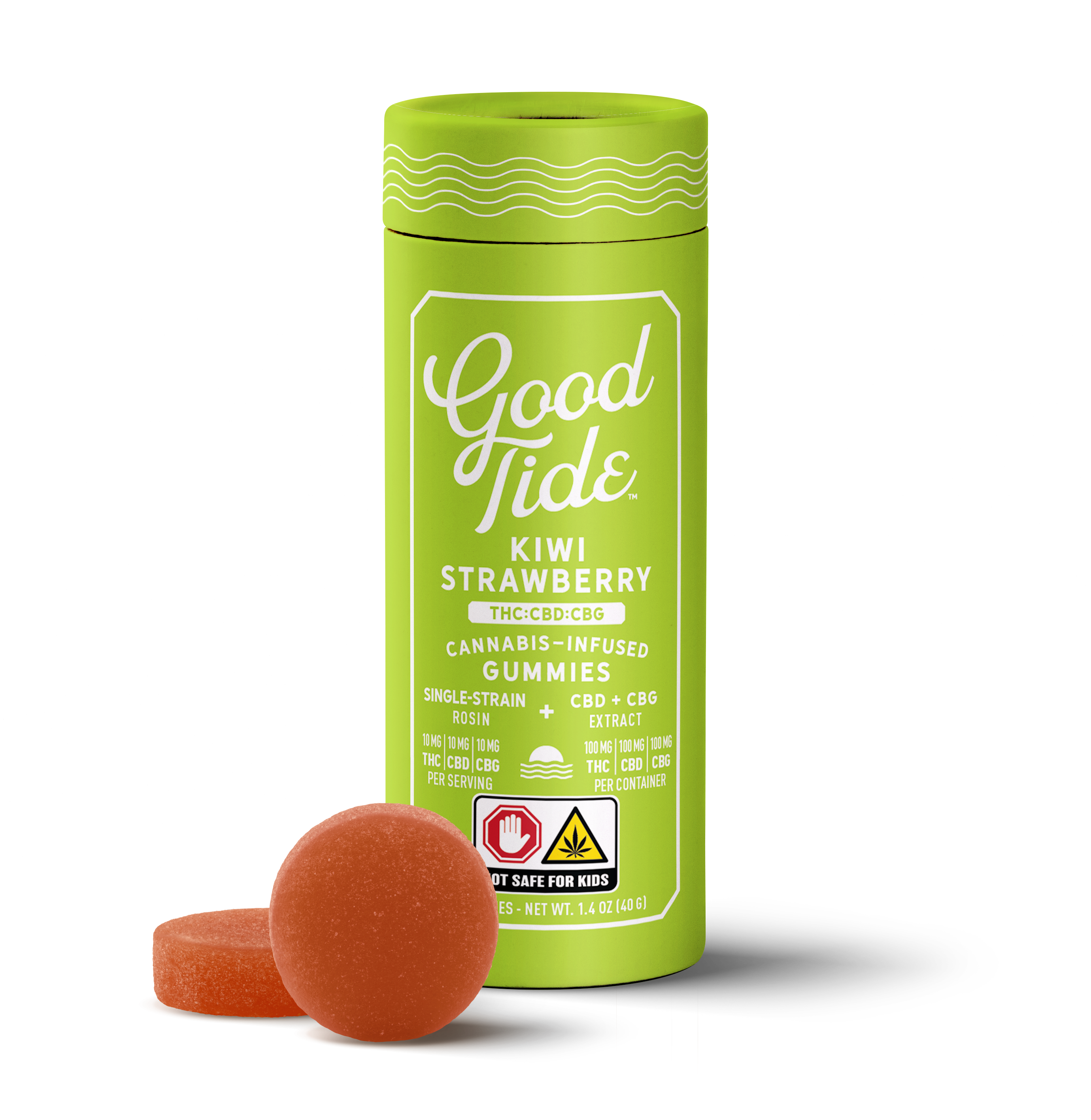 Photograph of product: Good Tide | Kiwi Strawberry | Rosin | 10 pack 100mg | 1:1 TH-oui:CBG