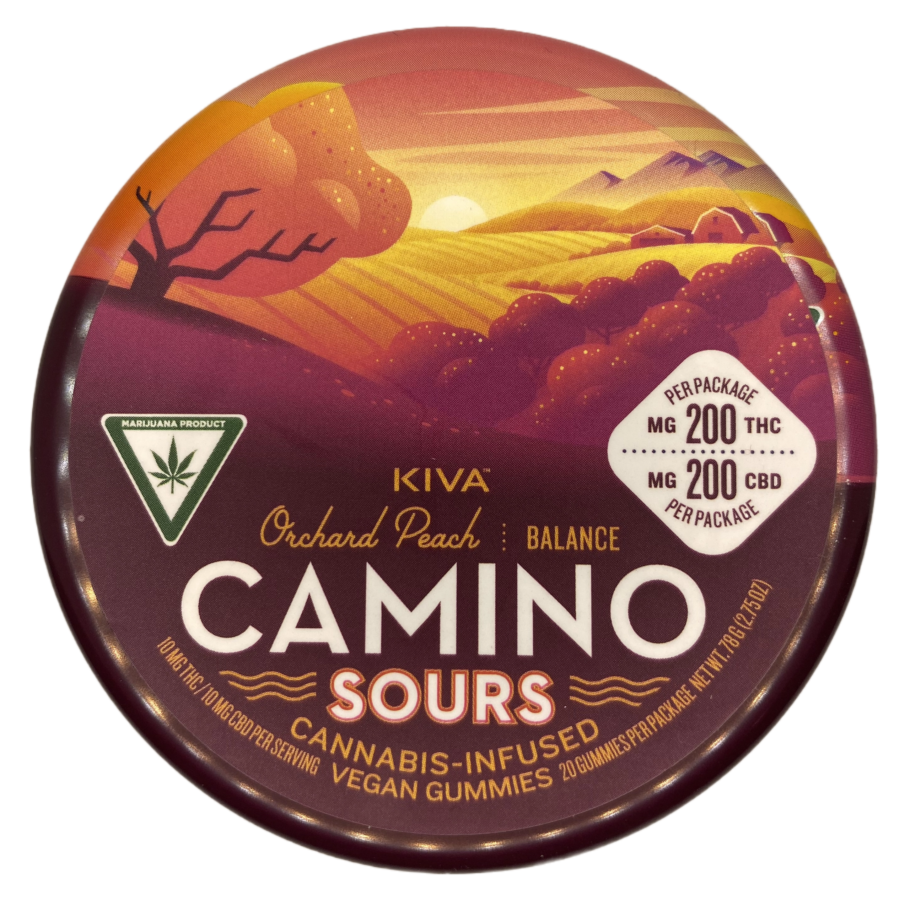 Photograph of product: Camino | Orchard Peach Sours | Gummy Edible | 200mg THC/200mg CBD