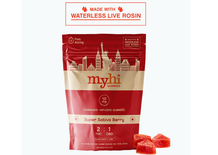 Photograph of product: MyHi | Super Oui'd Berry | 2:1 TH-oui / CBD + TH-ouiv & CBC | Waterless Live Rosin Gummies | 10pk