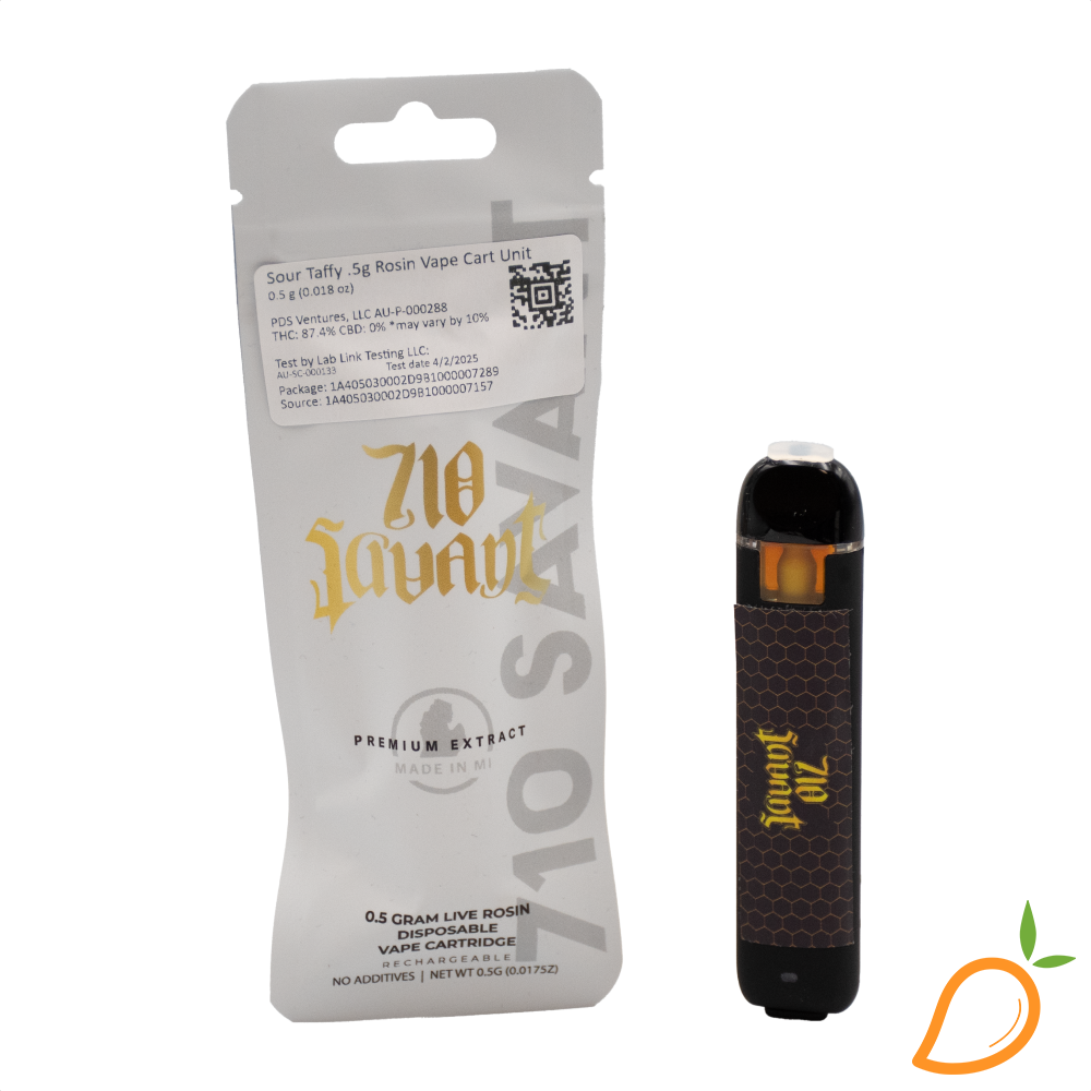Photograph of product: 0.5g Sour Taffy Live Rosin Disposable Vape 710 Savant