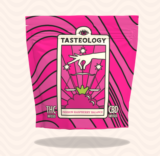 Photograph of product: Tasteology Passion Raspberry Balance (H) 1:1 TH-oui:CBD Chews 5mg 20pk